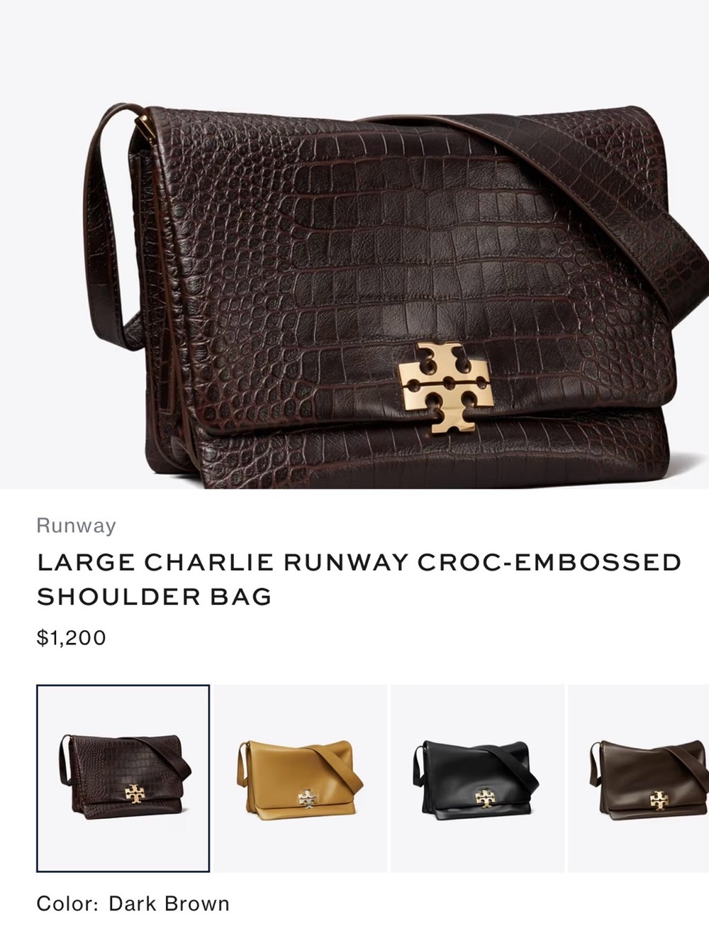 NWT Tory Burch LARGE CHARLIE RUNWAY CROC-EMBOSSED SHOULDER BAG - Picture 16 of 16